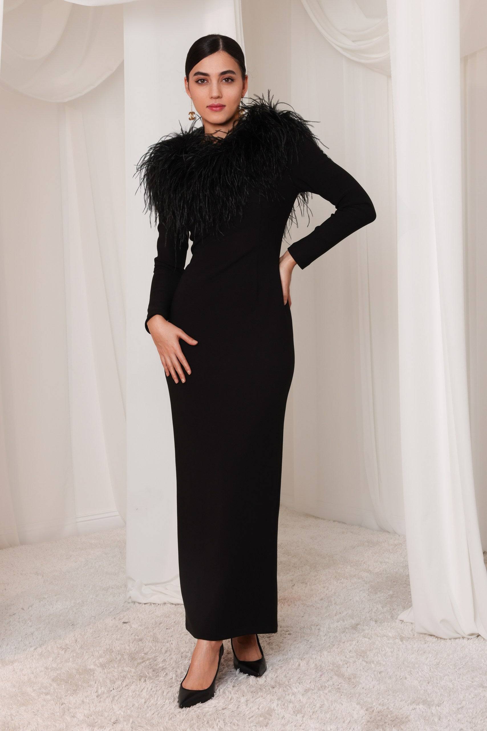 knee length dresses for ladies Feather Trim Black Dress With Leg Slit main image 1