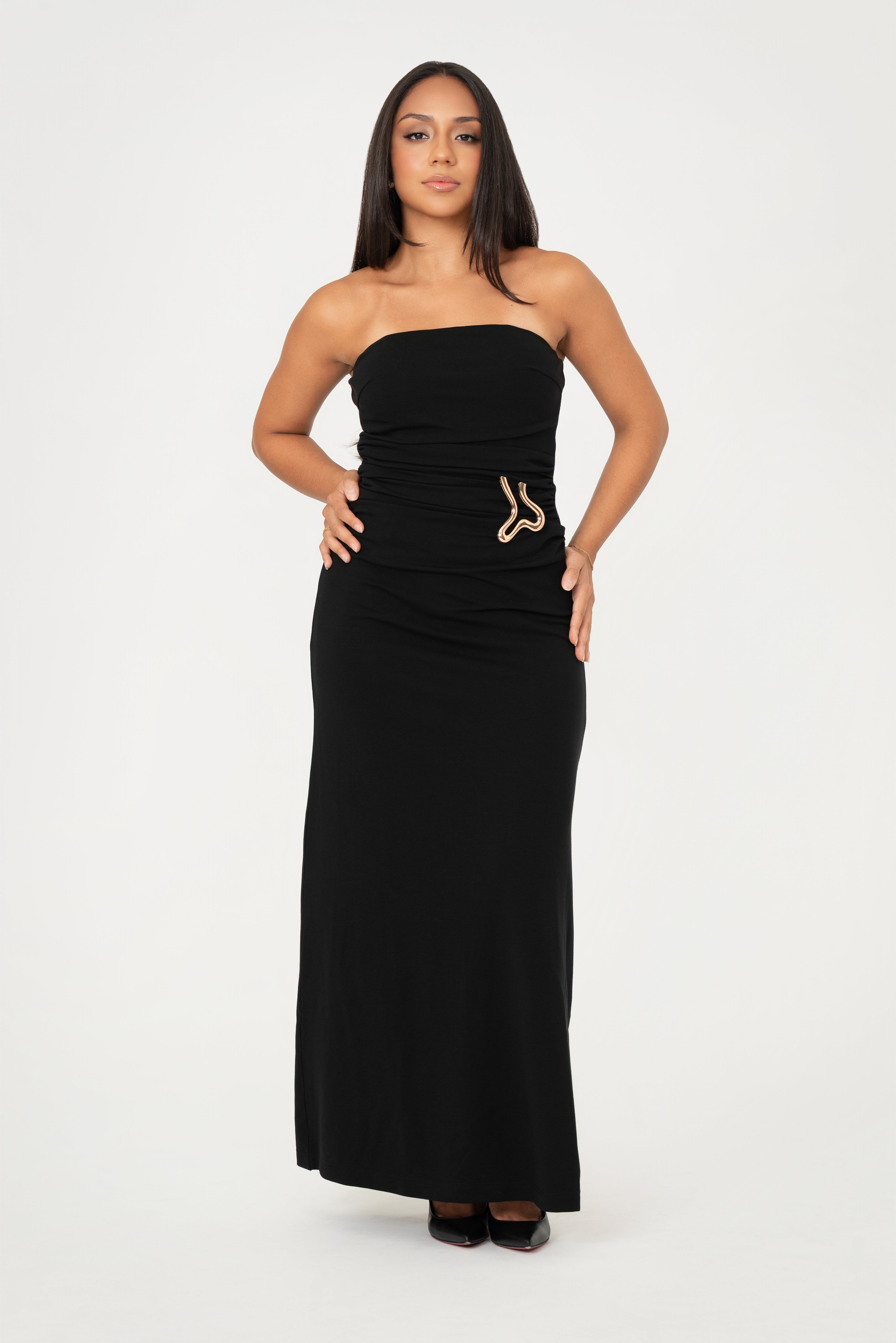 Black Maxi Dress with Gold Buckle with Removable Strap